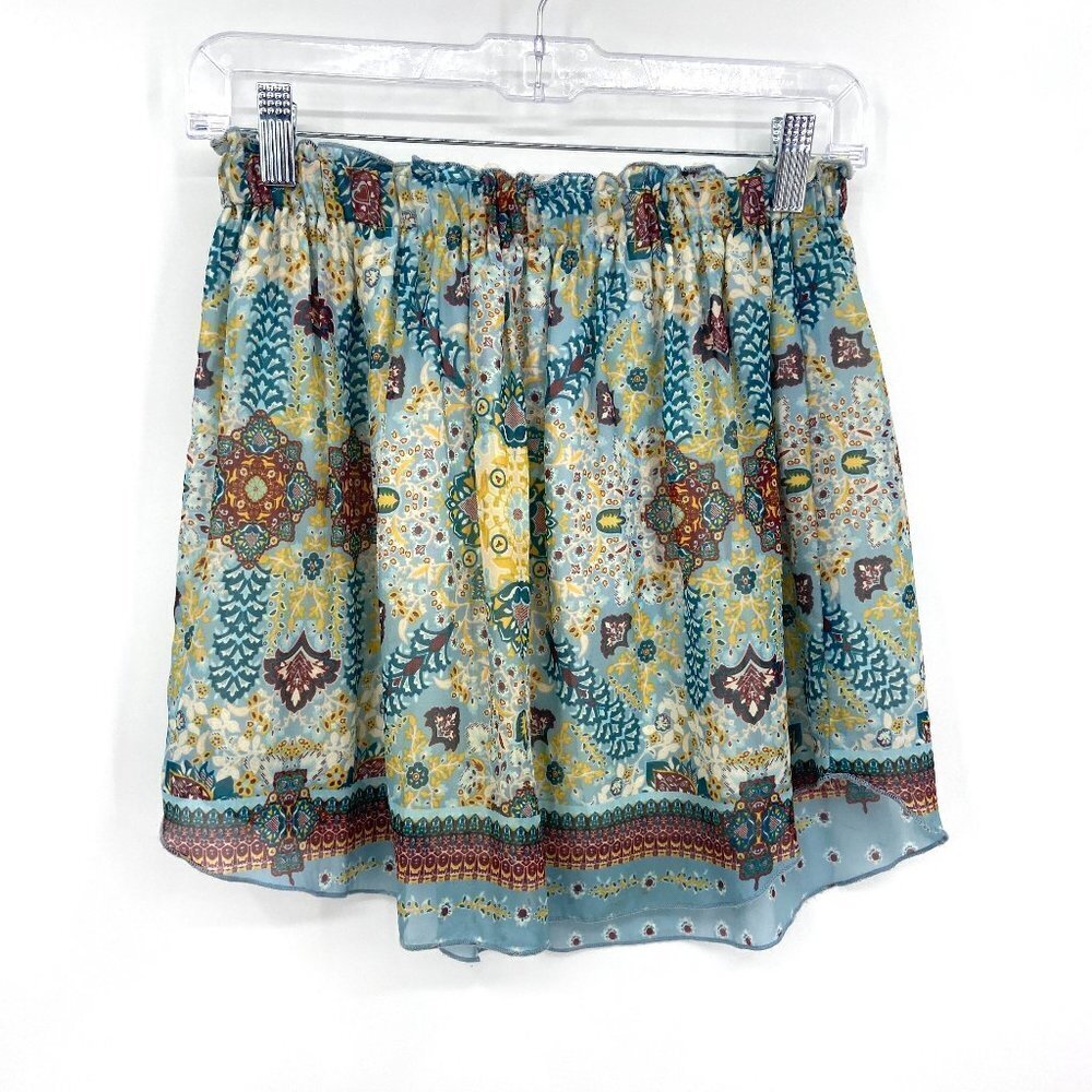 WAYF Blue Yellow Paisley Print Stretch Waist Lightweight Mini Skirt Size Small